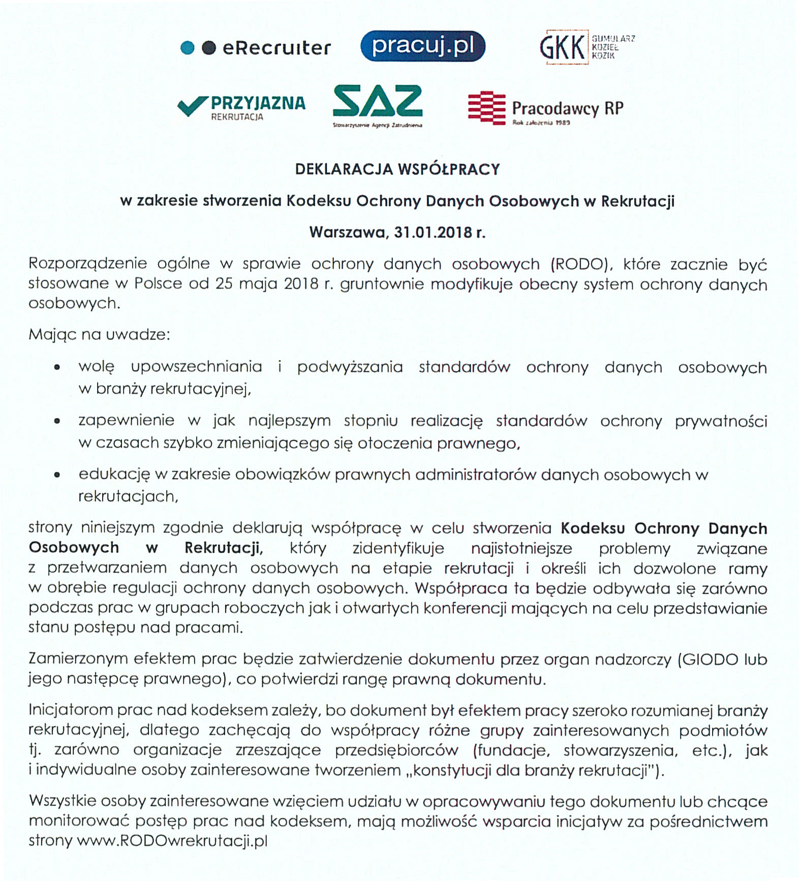 Kodeks ochrony danych osobowych w rekrutacji - porozumienie