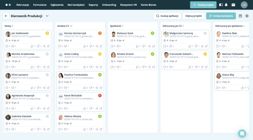 przykładowy widok Kanban w ATS eRecruiter